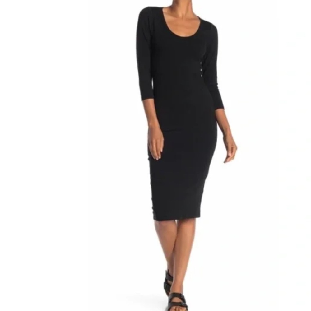 James Perse Midi Dress Bodycon Ribbed Black Small